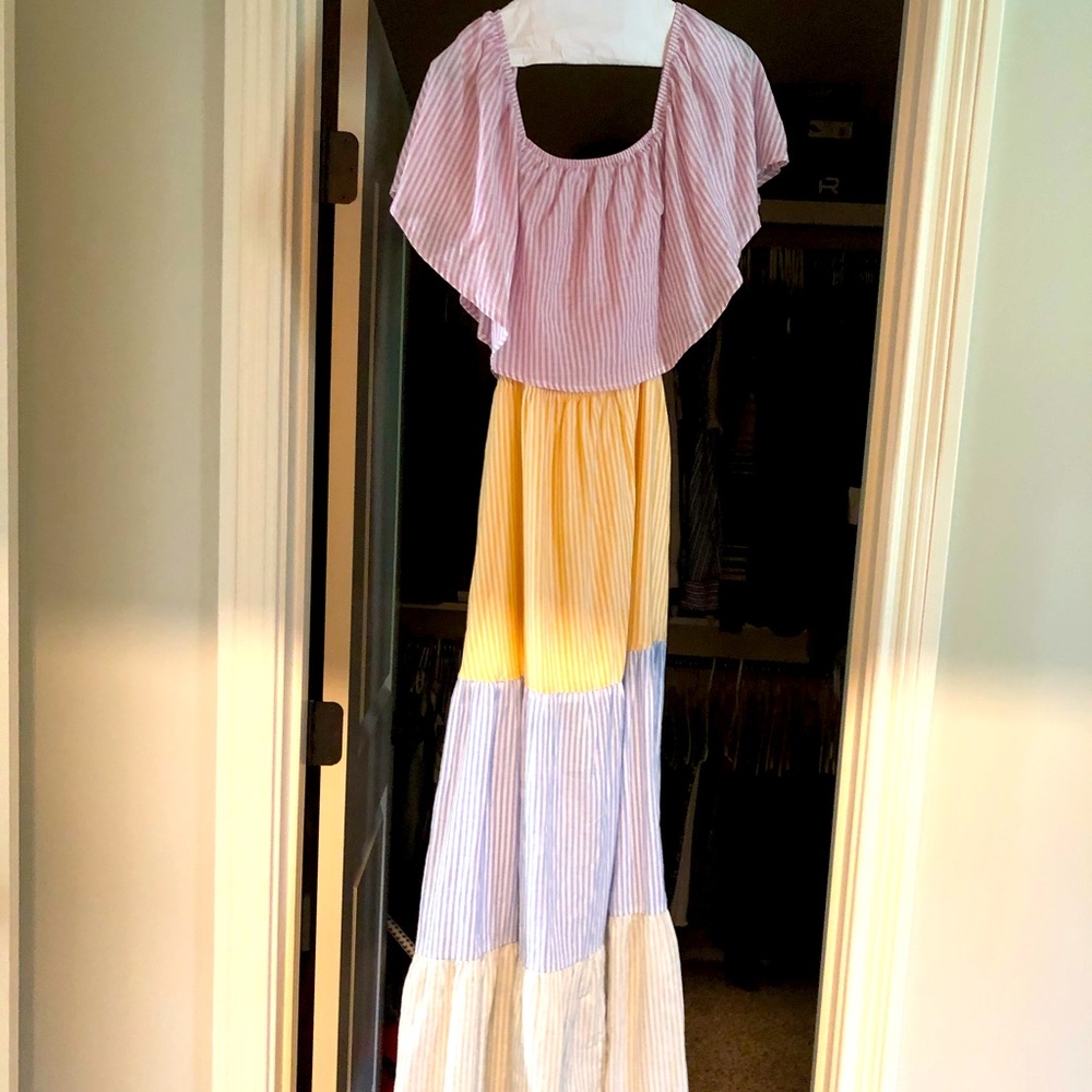 Off The shoulder multi color maxi dress.